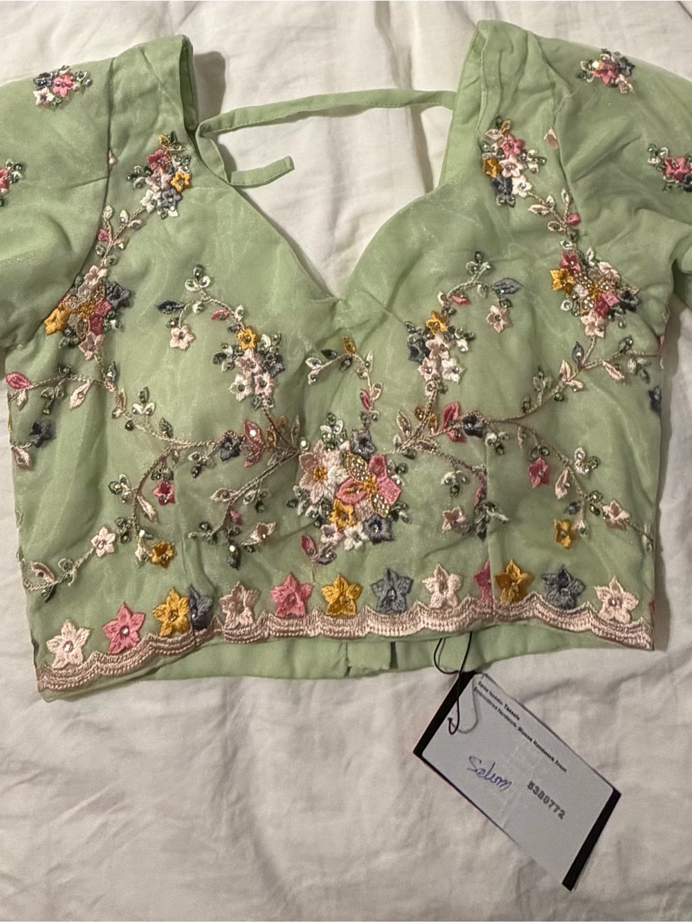 Embroidered Sage Green V-Neck Crop Top